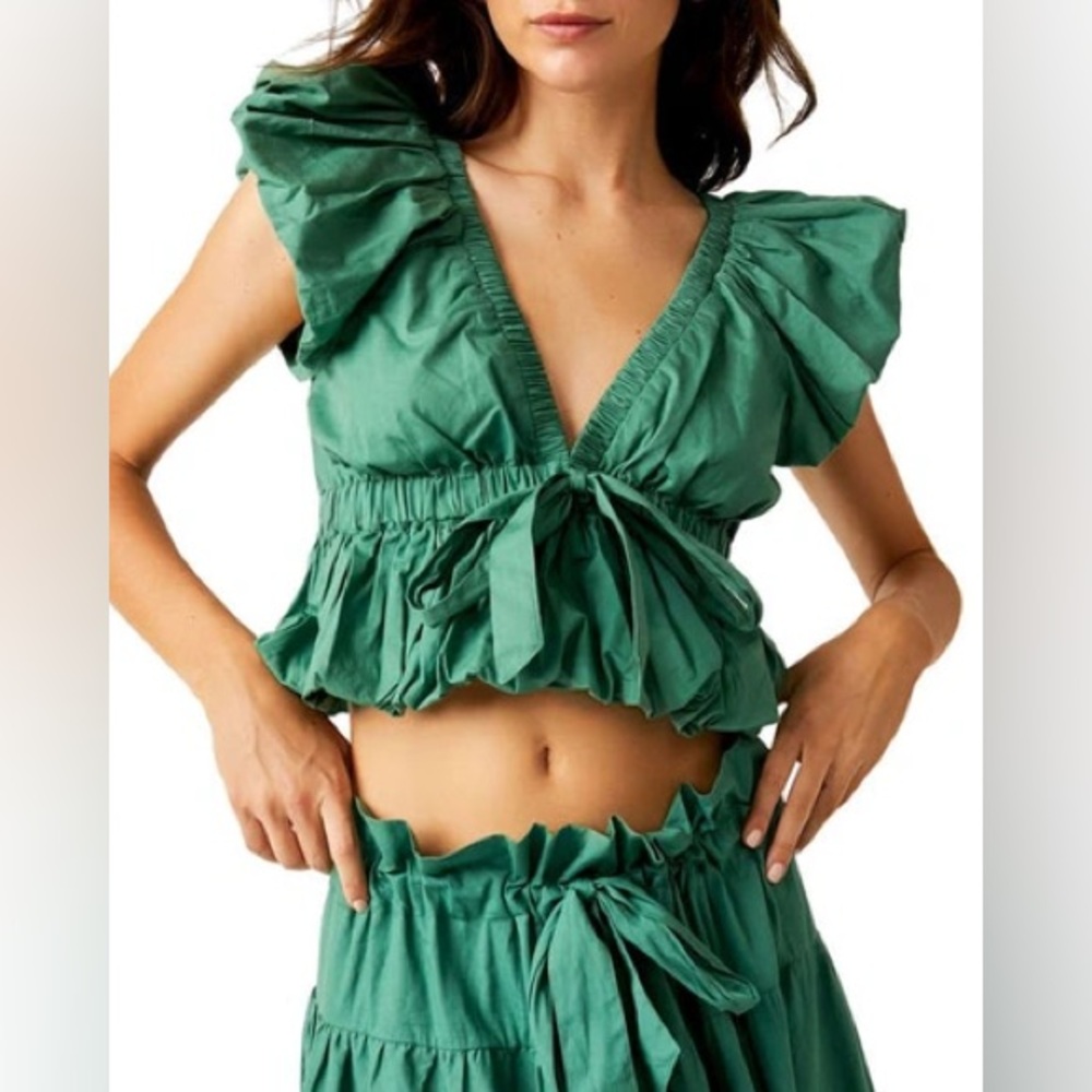 Free People Bring The Bubble Ruffle Cotton Tie-Waist Blouse